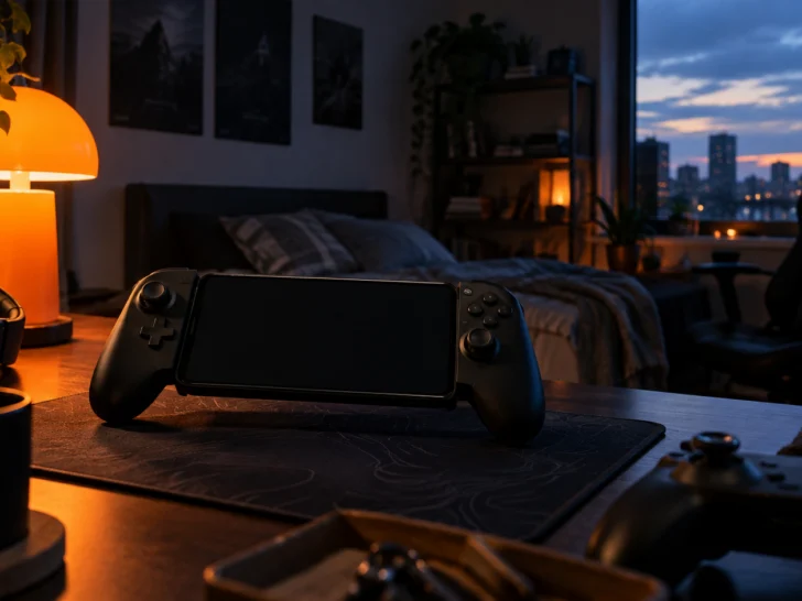 An empty bedroom gaming corner mixes cool window light with a warm lamp glow.