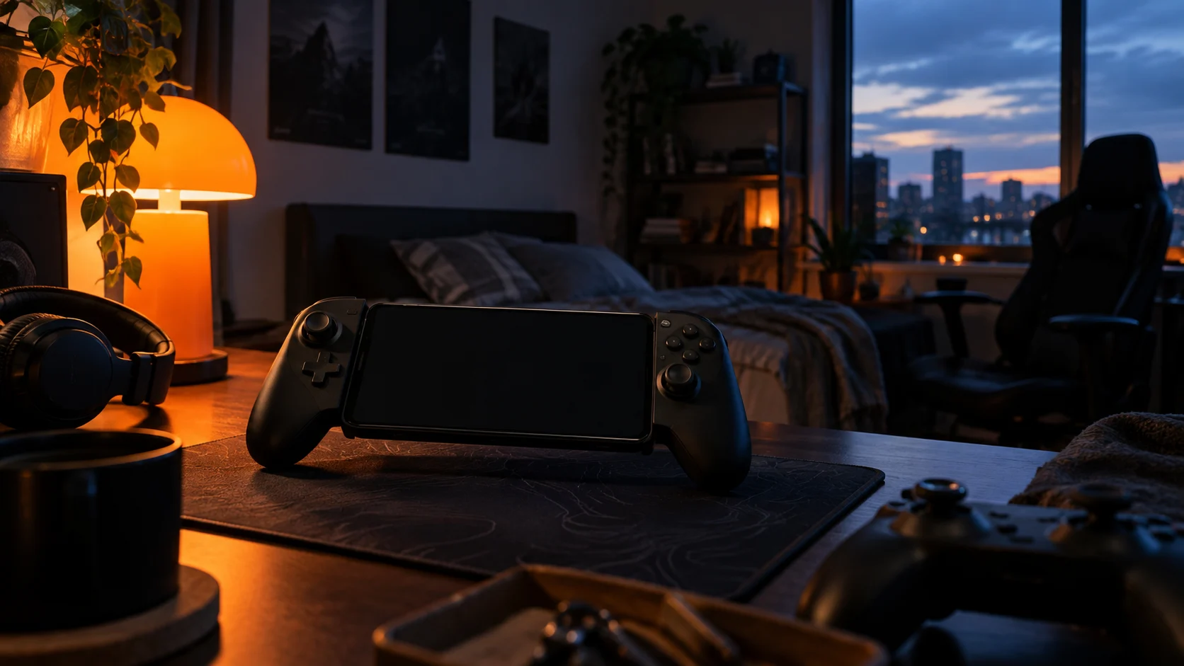 An empty bedroom gaming corner mixes cool window light with a warm lamp glow.