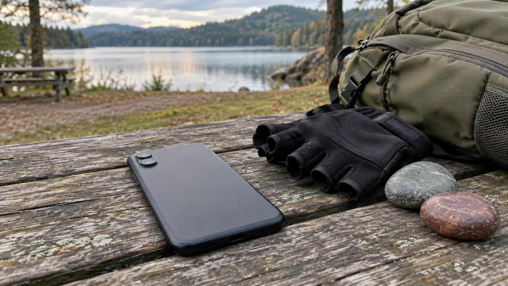 A generic phone, compact daypack, gloves, and abstract tokens rest on an outdoor table.