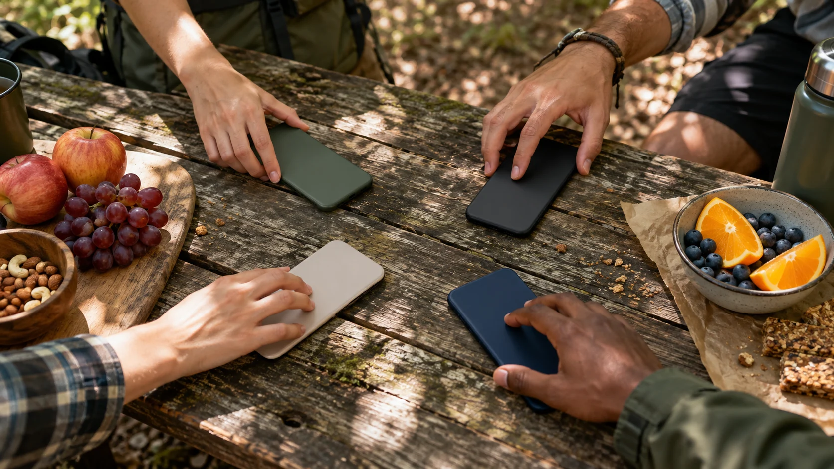 Friends place unbranded phones face-down around a woodland picnic table.