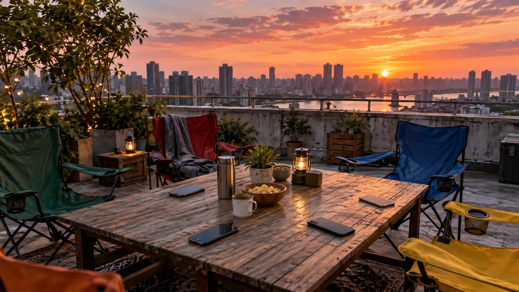 Face-down phones and colorful chairs await a friendly rooftop game session at sunset.
