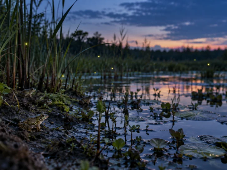 A frog rests among marsh grass beside still water at blue hour.