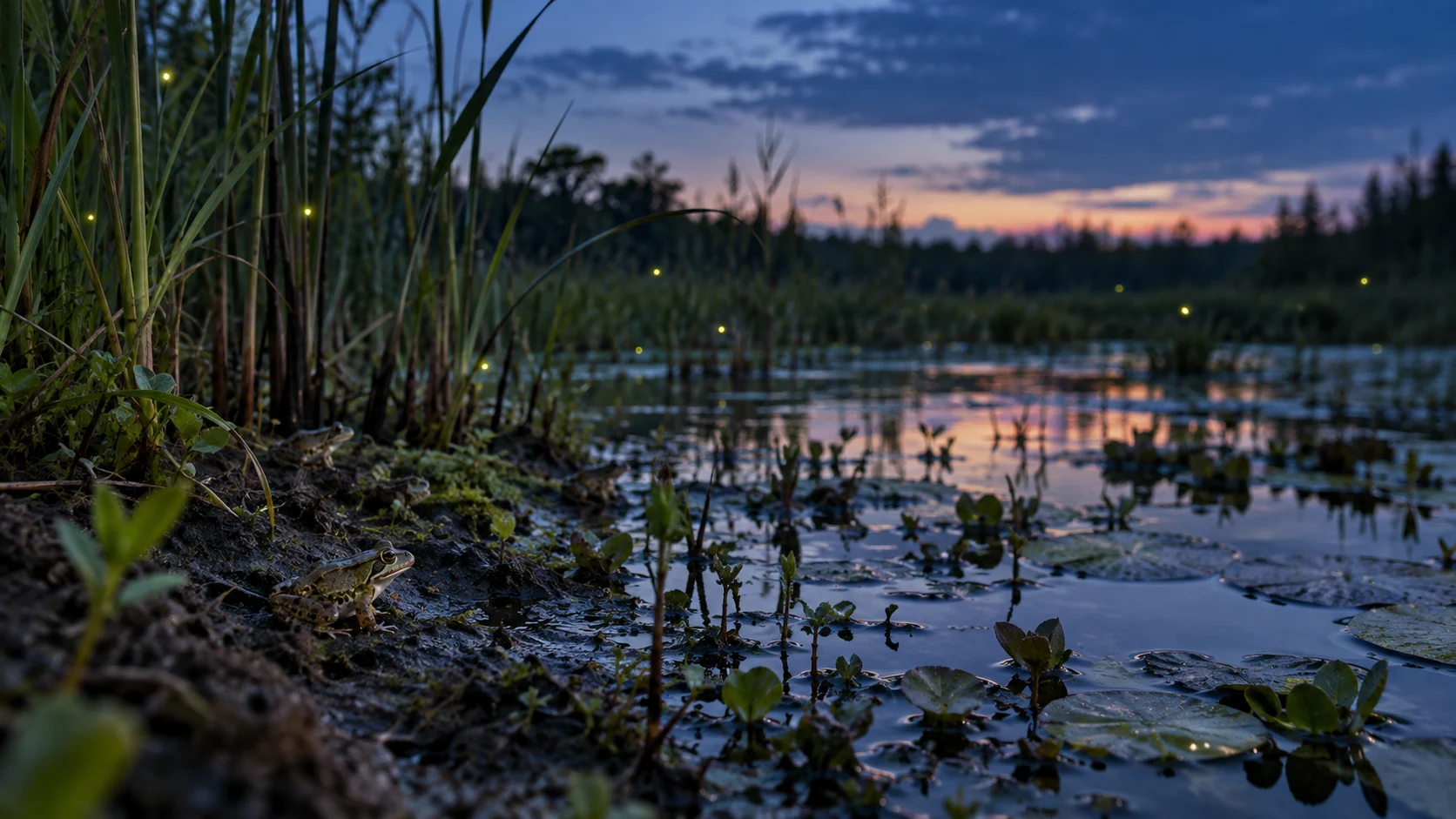 A frog rests among marsh grass beside still water at blue hour.