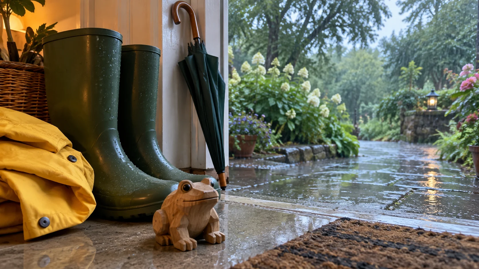 A small wooden frog carving sits near rain boots in a cozy entryway.