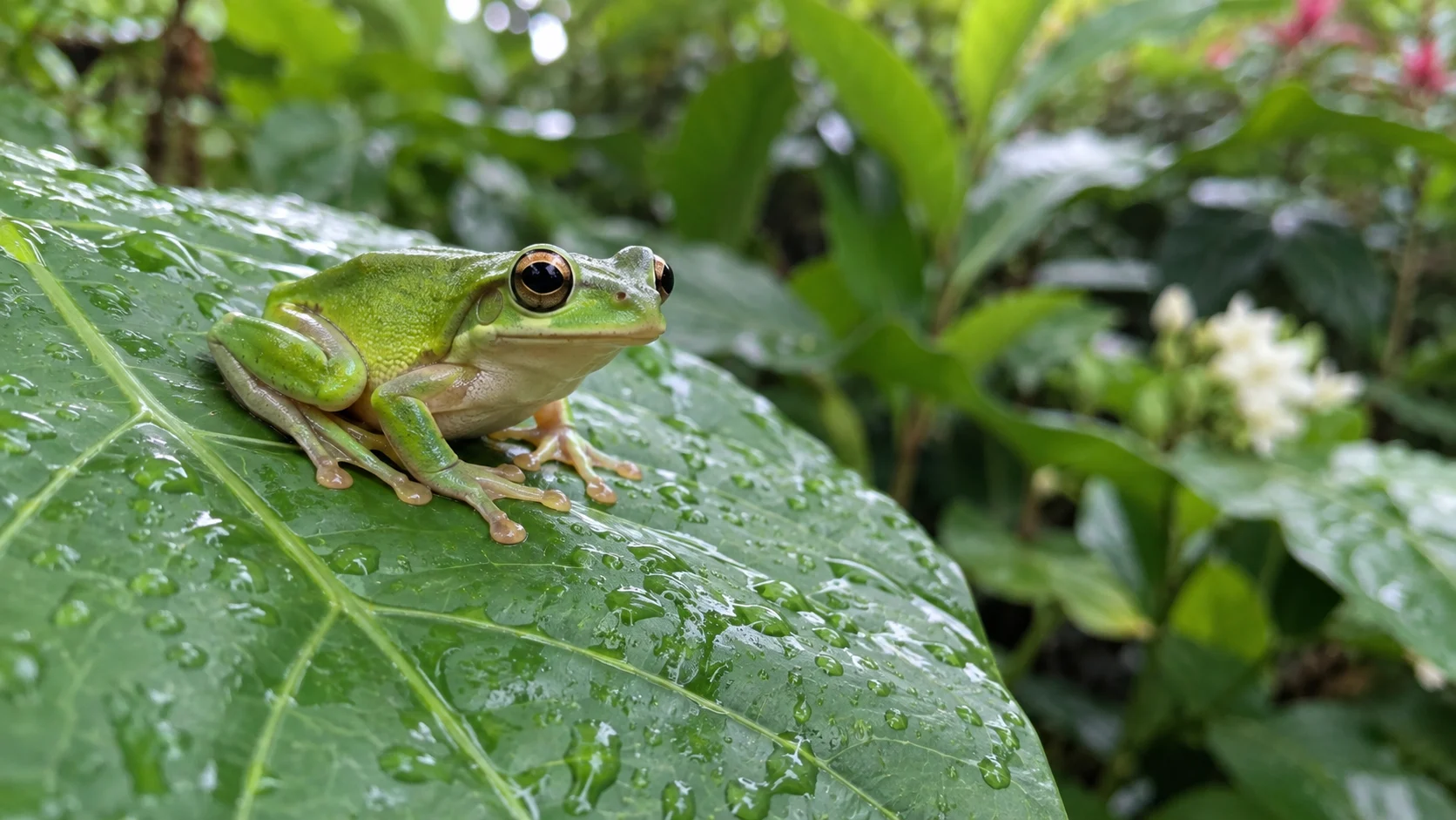 A small green tree frog perches on a rain-speckled leaf.