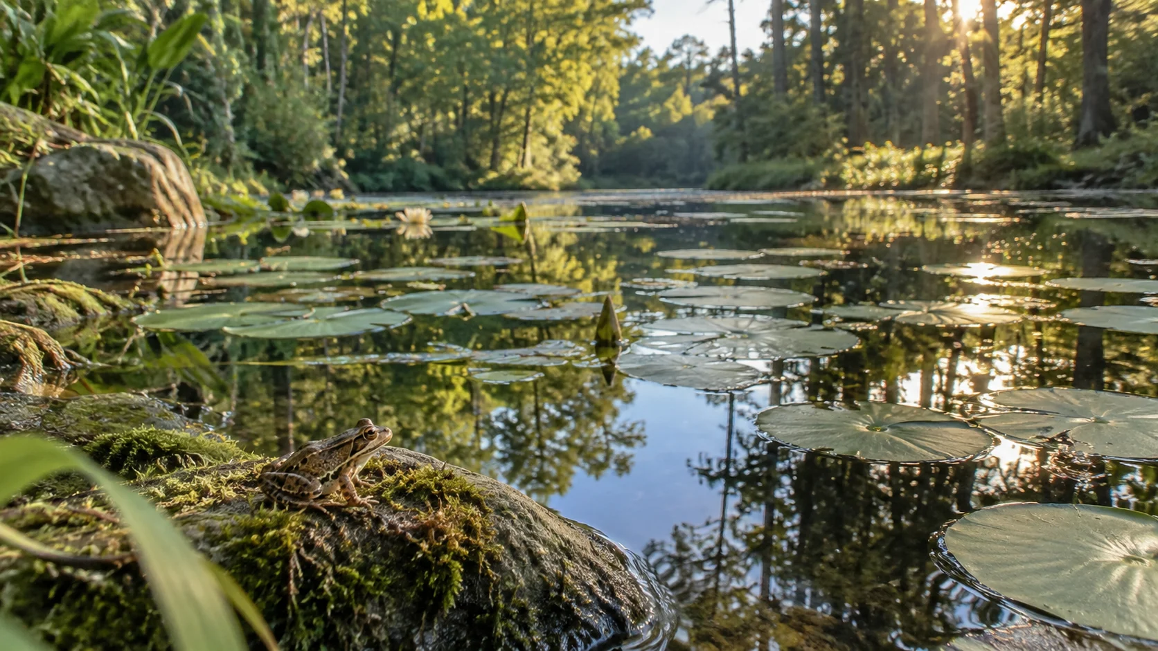 Lily pads and reeds cover a secluded woodland pond in morning light.