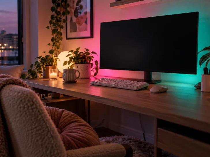 A blank monitor and unmarked keyboard glow in a cozy pink and teal workspace.