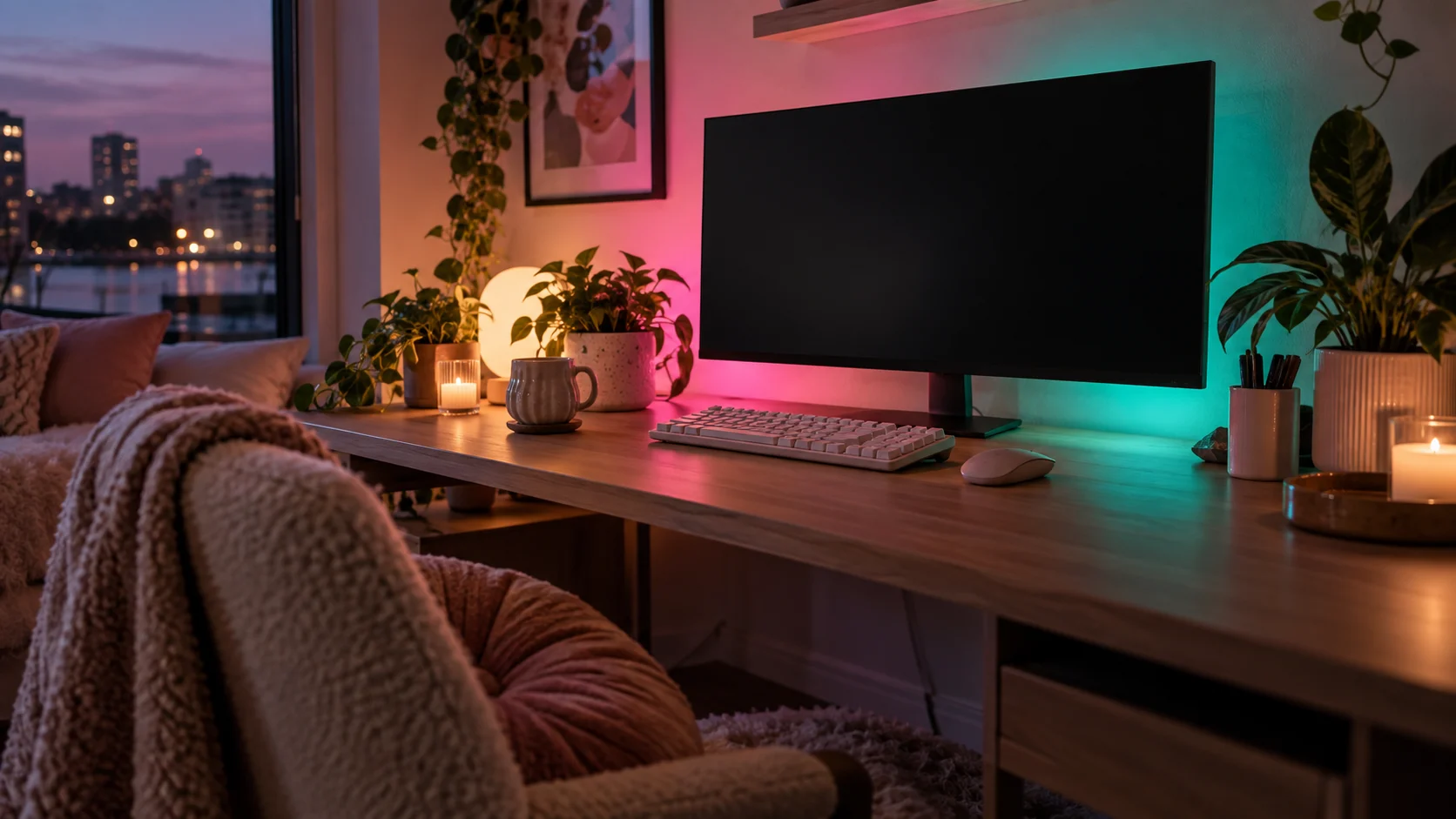 A blank monitor and unmarked keyboard glow in a cozy pink and teal workspace.