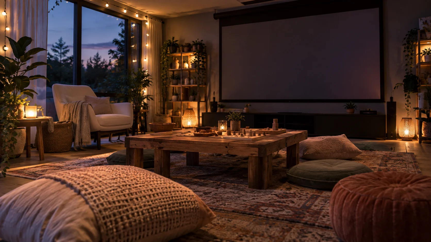 Warm string lights illuminate an empty game room with a blank projector screen.