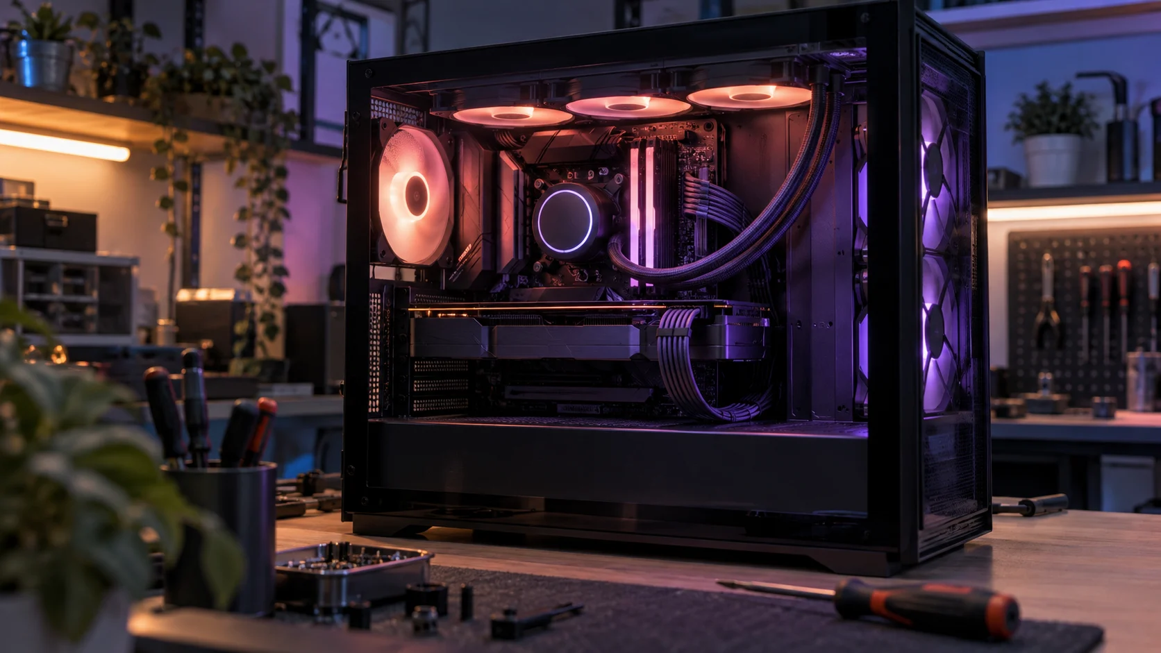 A custom computer with coral and violet lighting sits on a tidy workbench.
