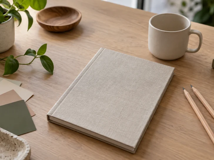 A blank linen notebook and muted color swatches rest on a simple wooden desk.