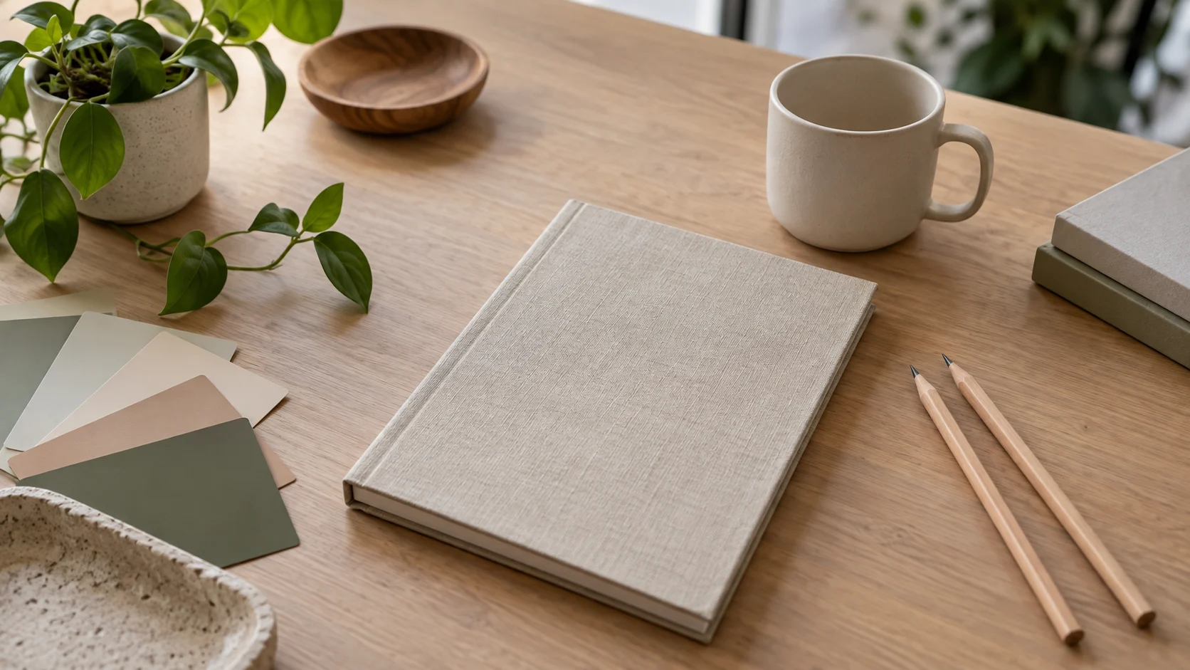 A blank linen notebook and muted color swatches rest on a simple wooden desk.