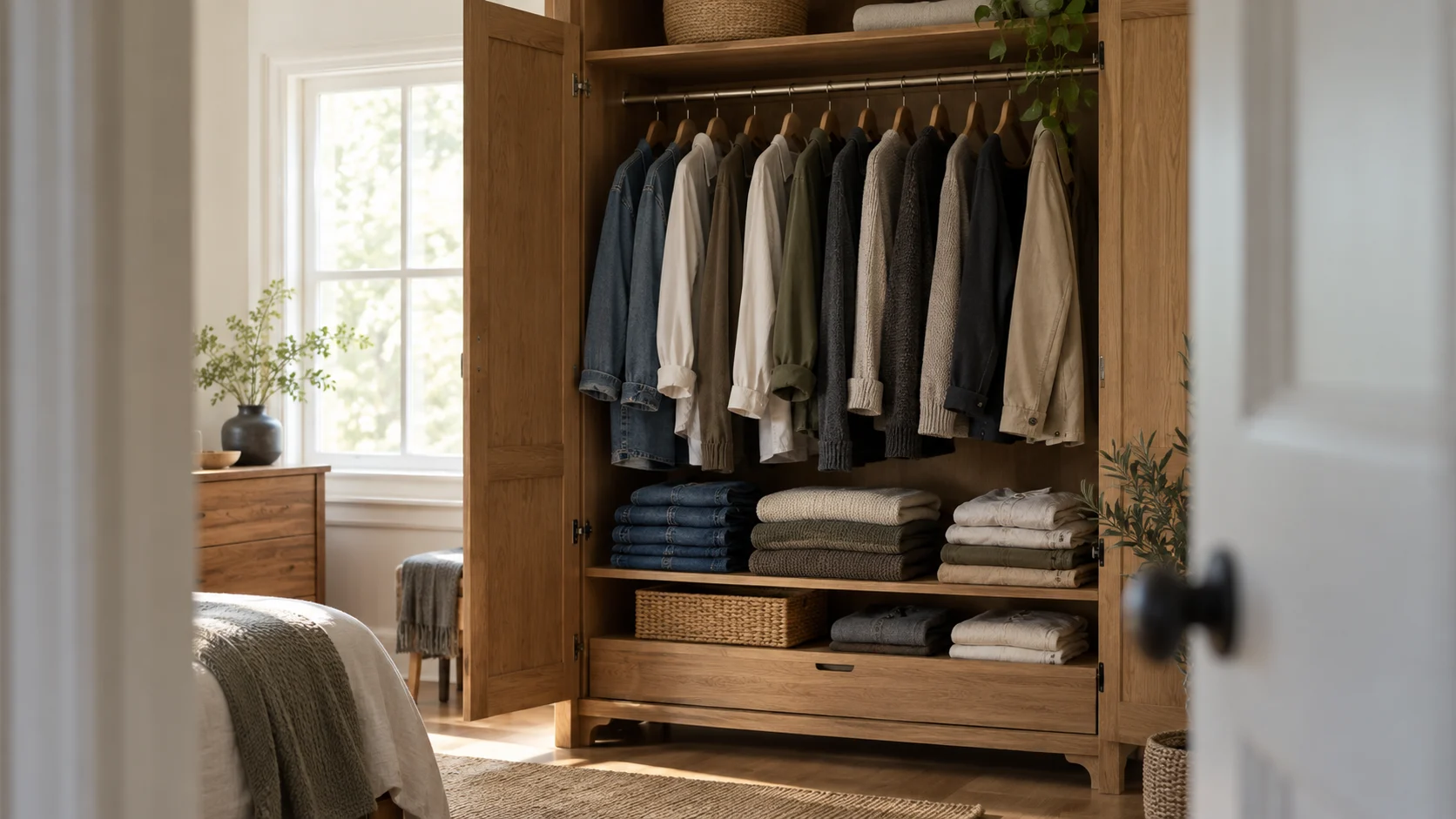 Plain denim, linen shirts and knit layers hang in a bright oak wardrobe.