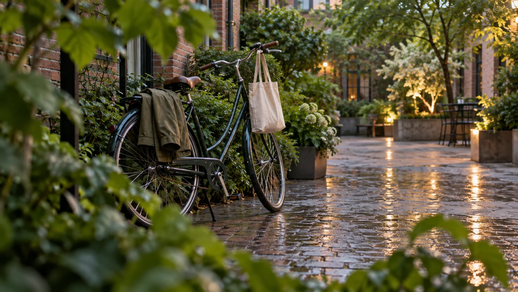 A plain bicycle with a canvas tote rests in a leafy courtyard after rain.