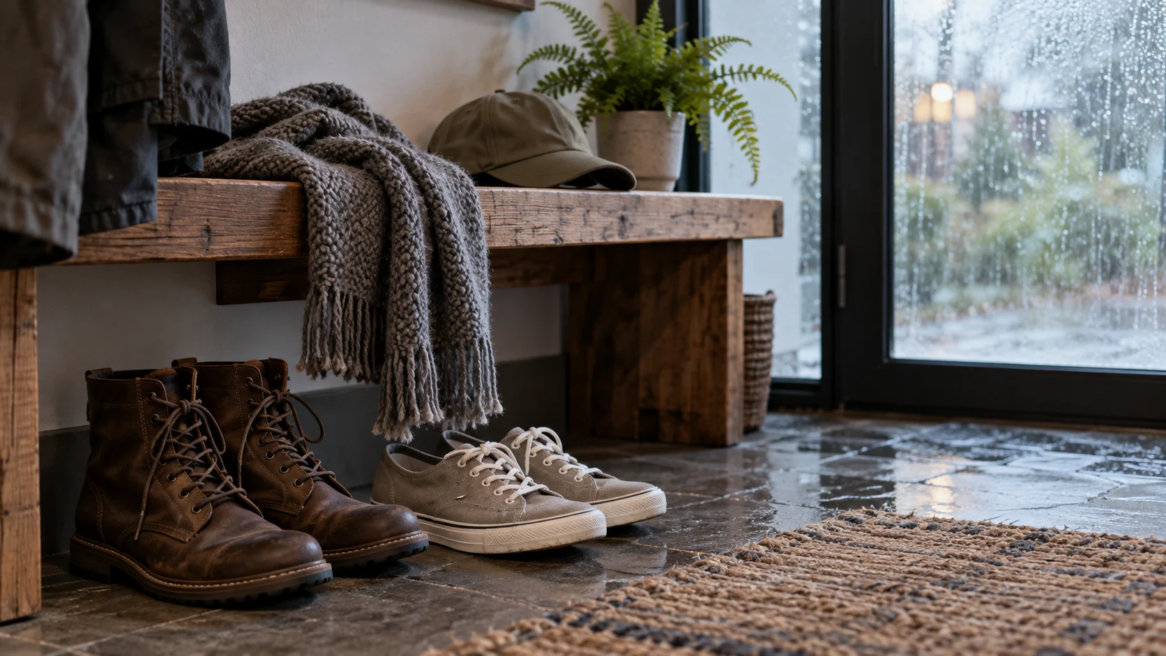 Boots, canvas sneakers, a knit scarf and a blank cap sit beside a rainy window.