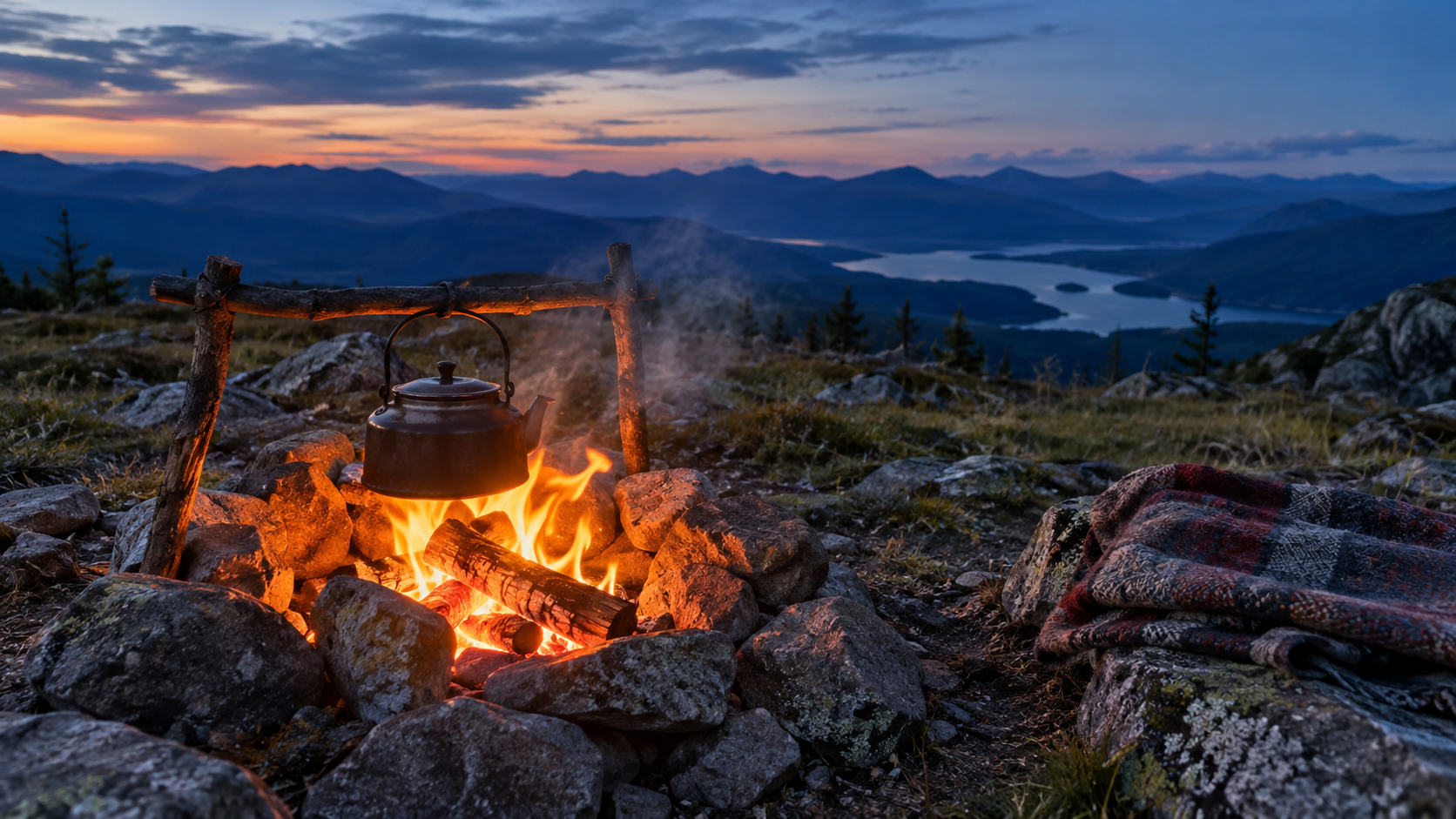 A kettle warms over a campfire on a mountain plateau at blue hour.