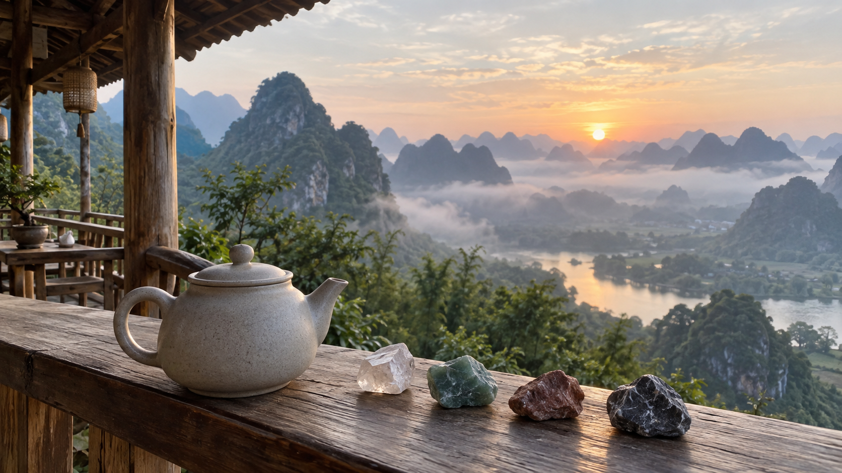 A teapot and colorful mineral stones overlook misty karst mountains at sunrise.