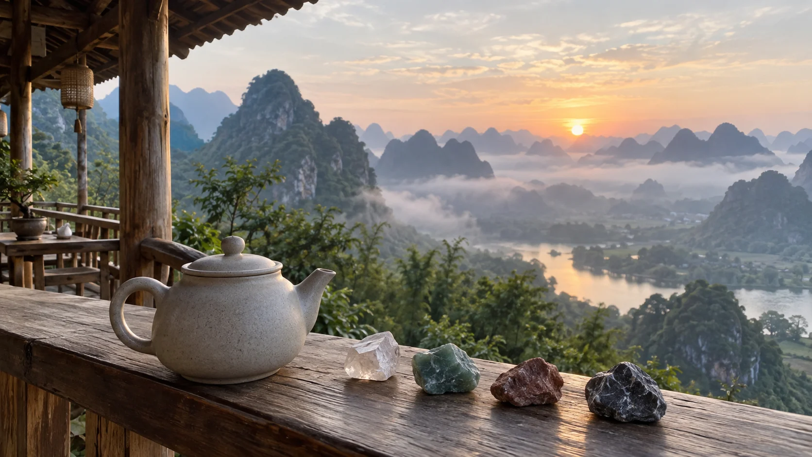 A teapot and colorful mineral stones overlook misty karst mountains at sunrise.