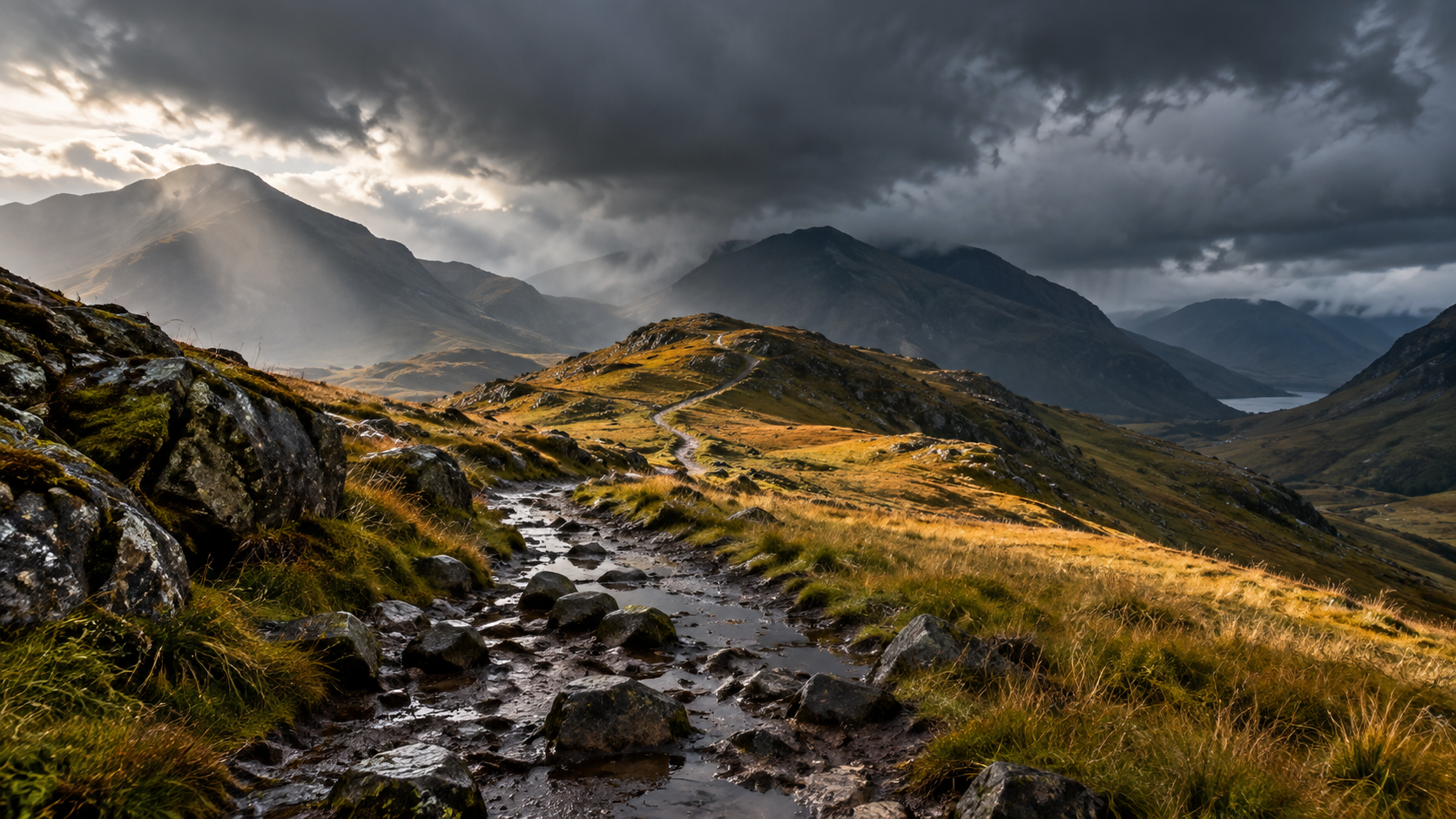 Sunlight breaks through storm clouds above a winding highland trail.