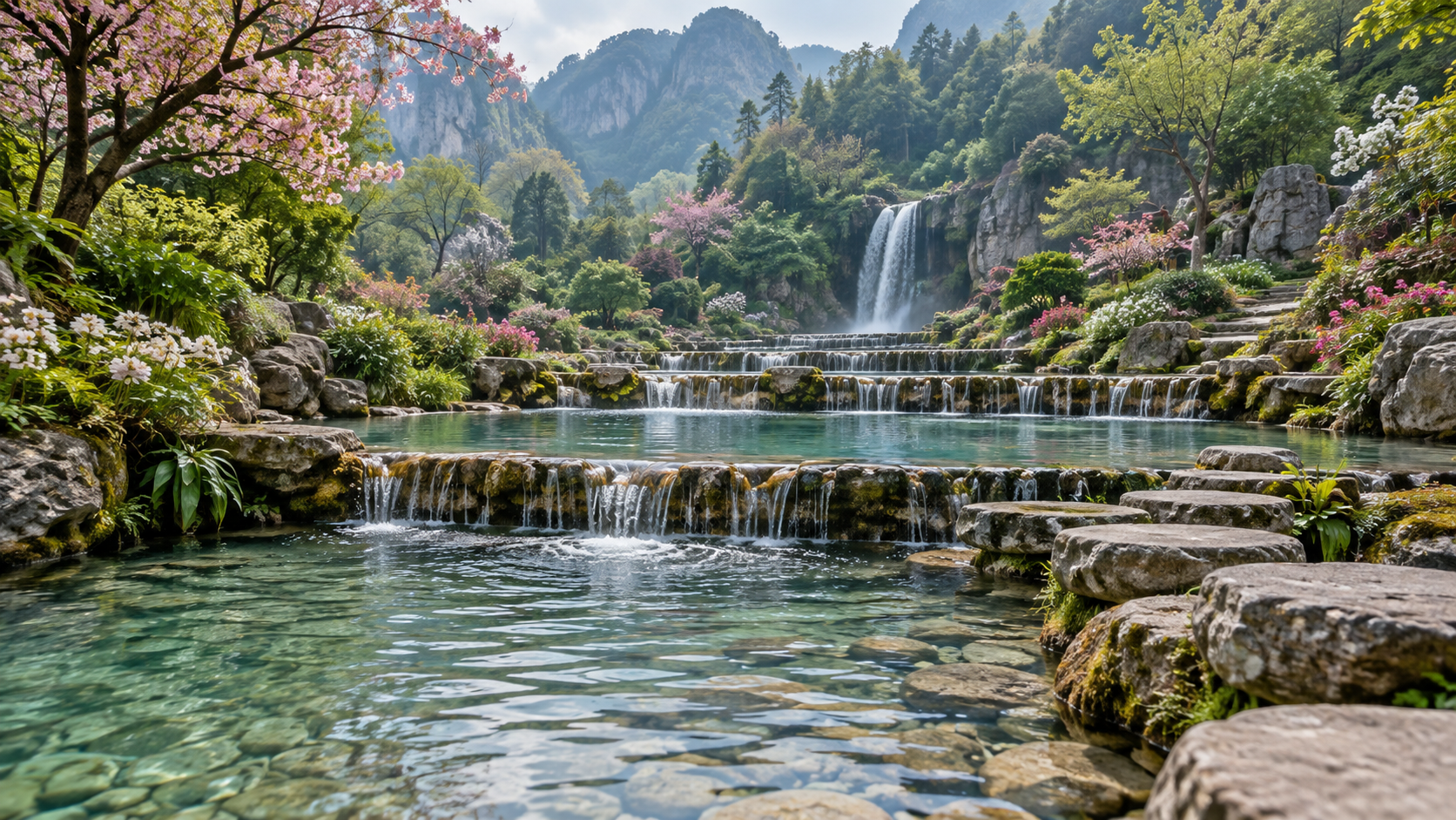 Clear pools and flowering trees surround a terraced mountain waterfall.