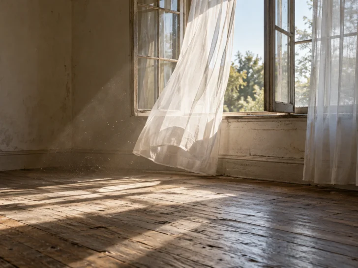 Sheer white curtains billow into an empty sunlit room.