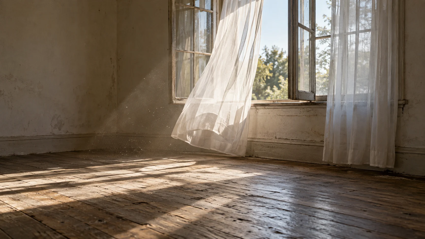 Sheer white curtains billow into an empty sunlit room.