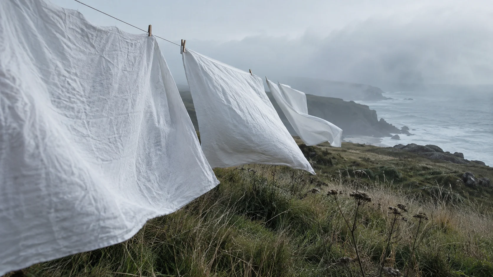 White linens move on a coastal clothesline beneath a pale sky.