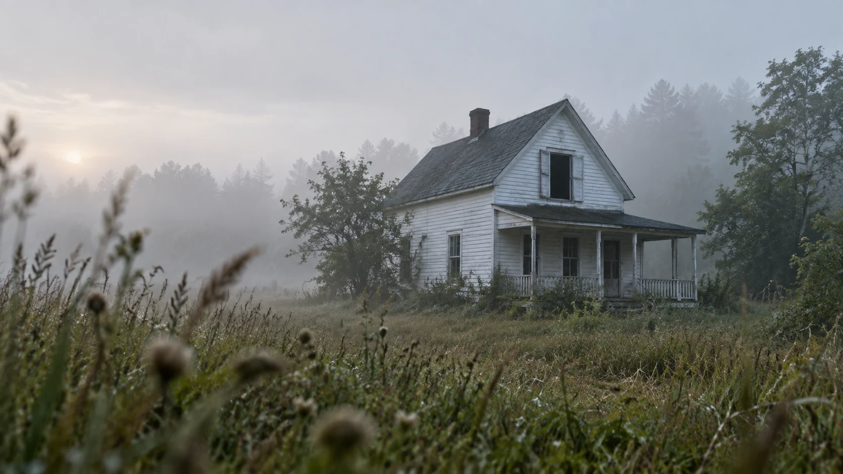 An abandoned white cottage stands in a foggy overgrown field at dawn.