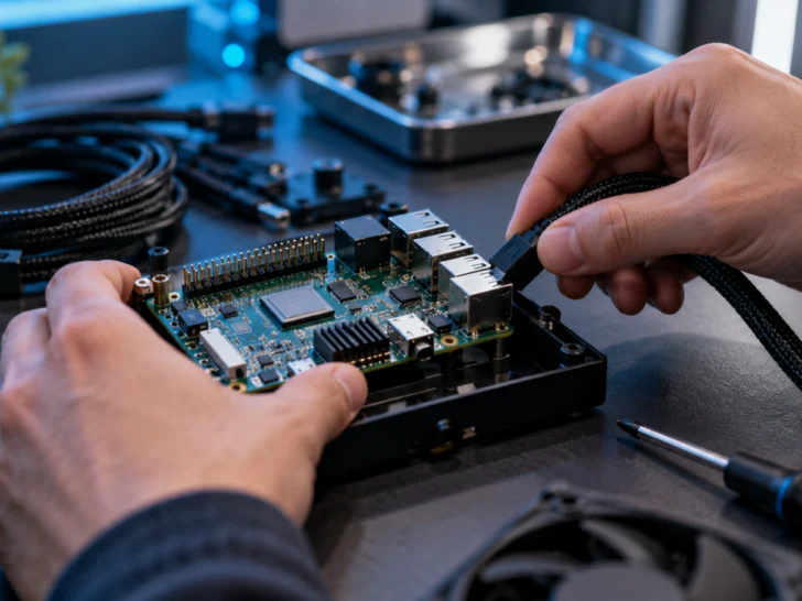Anonymous hands connecting a cable to an unbranded single-board computer