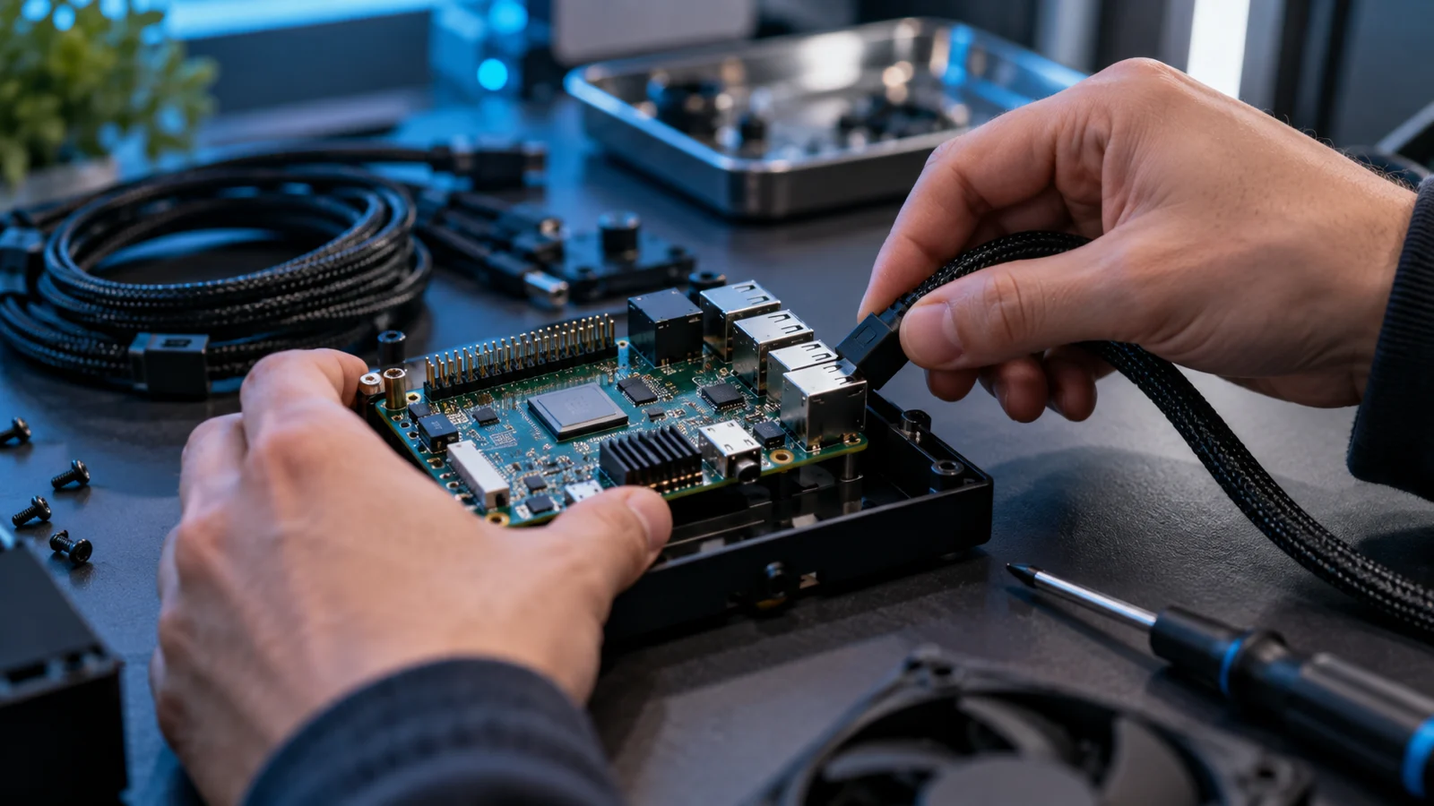 Anonymous hands connecting a cable to an unbranded single-board computer