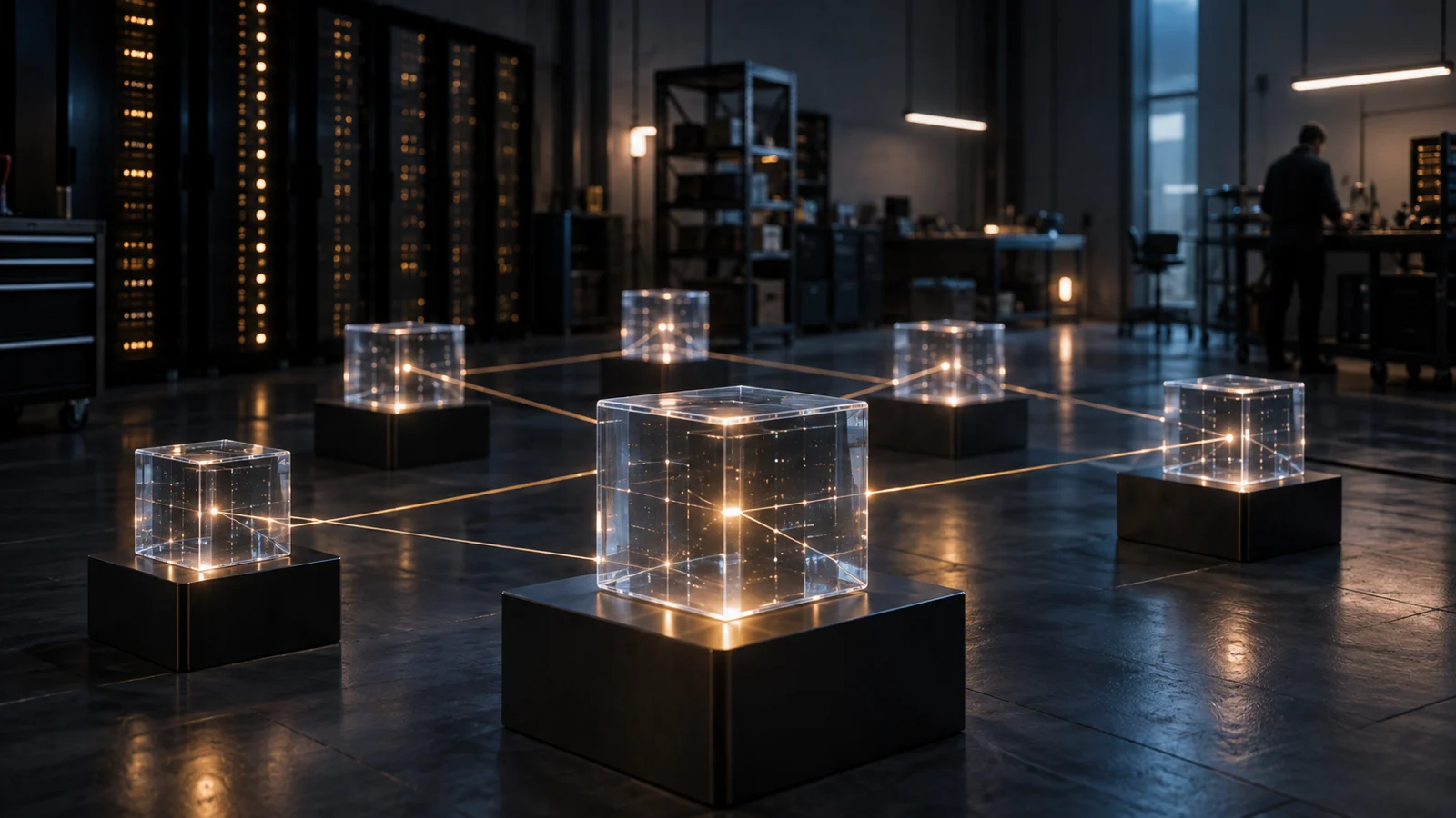 Translucent glowing cubes linked across a dark technology workshop