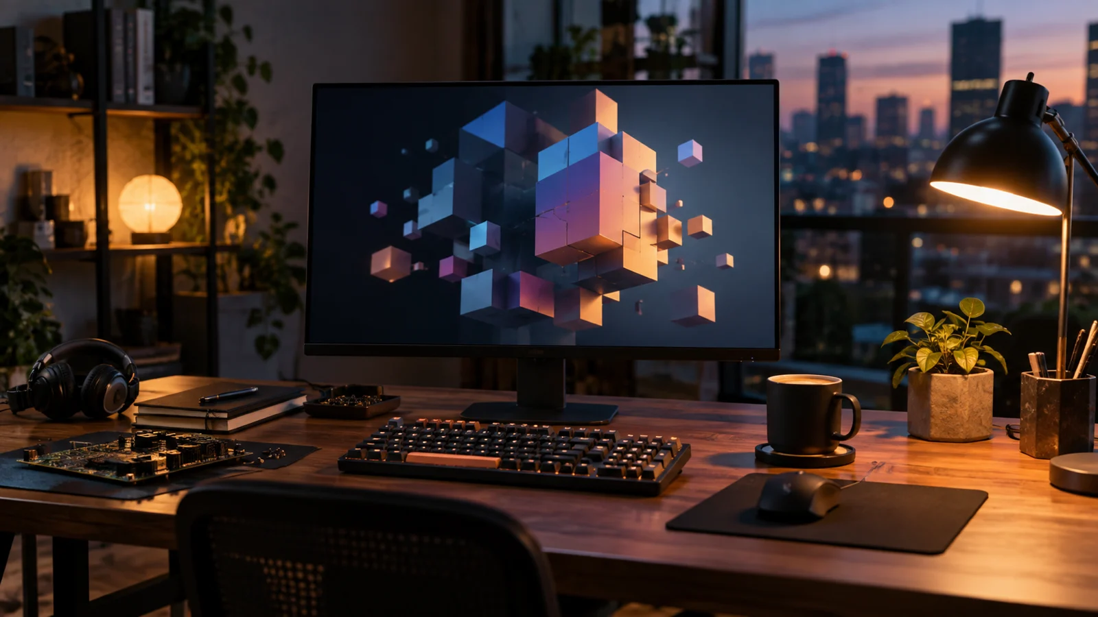 Developer desk with abstract geometric blocks on a monitor and electronic components