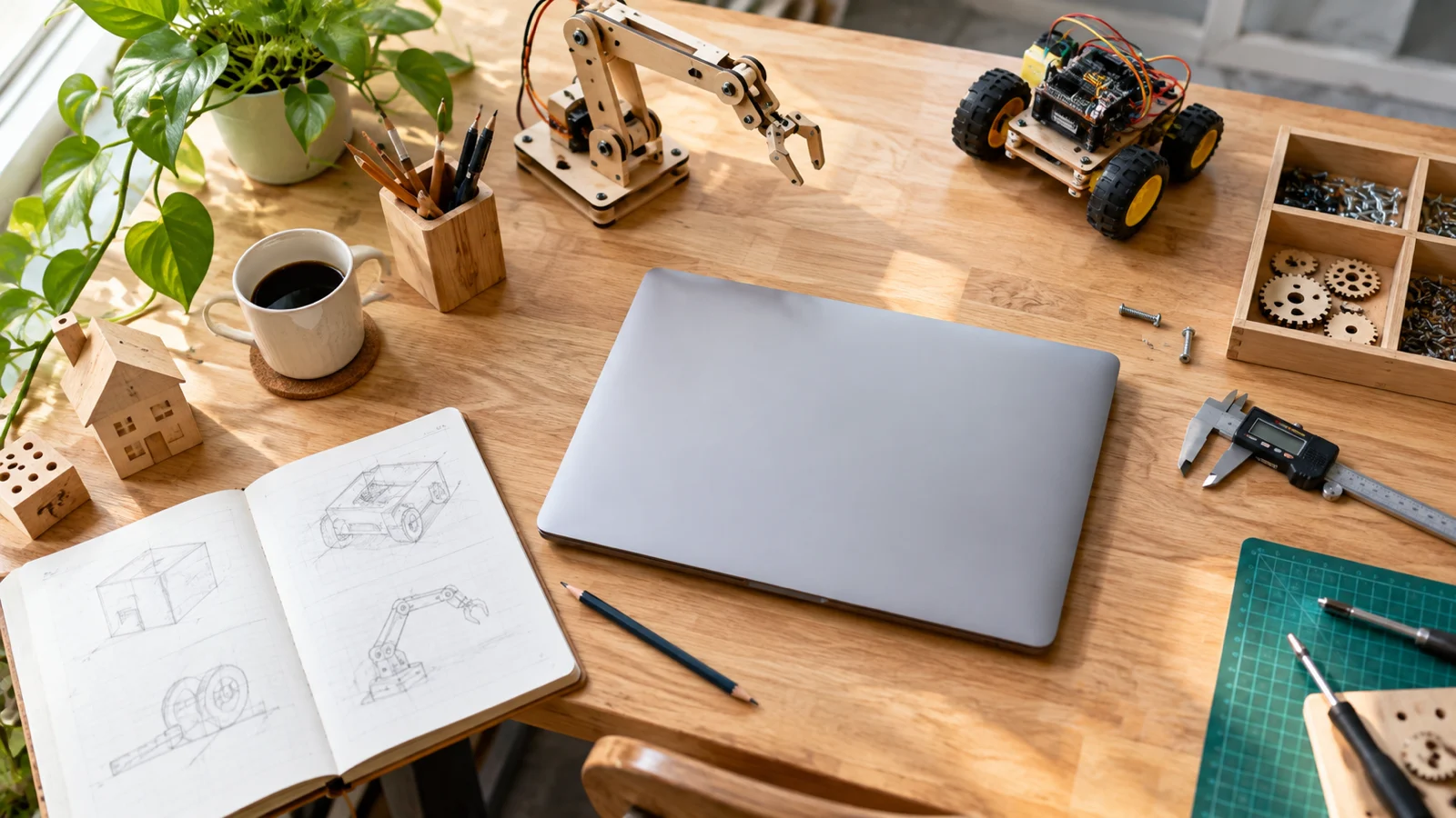 Bright maker desk with a closed blank laptop wooden robot parts and tools