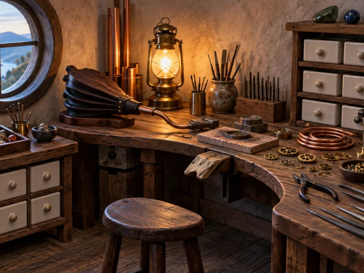 A compact artisan workshop with bellows, copper tubing, gears, and blank ceramic drawers.