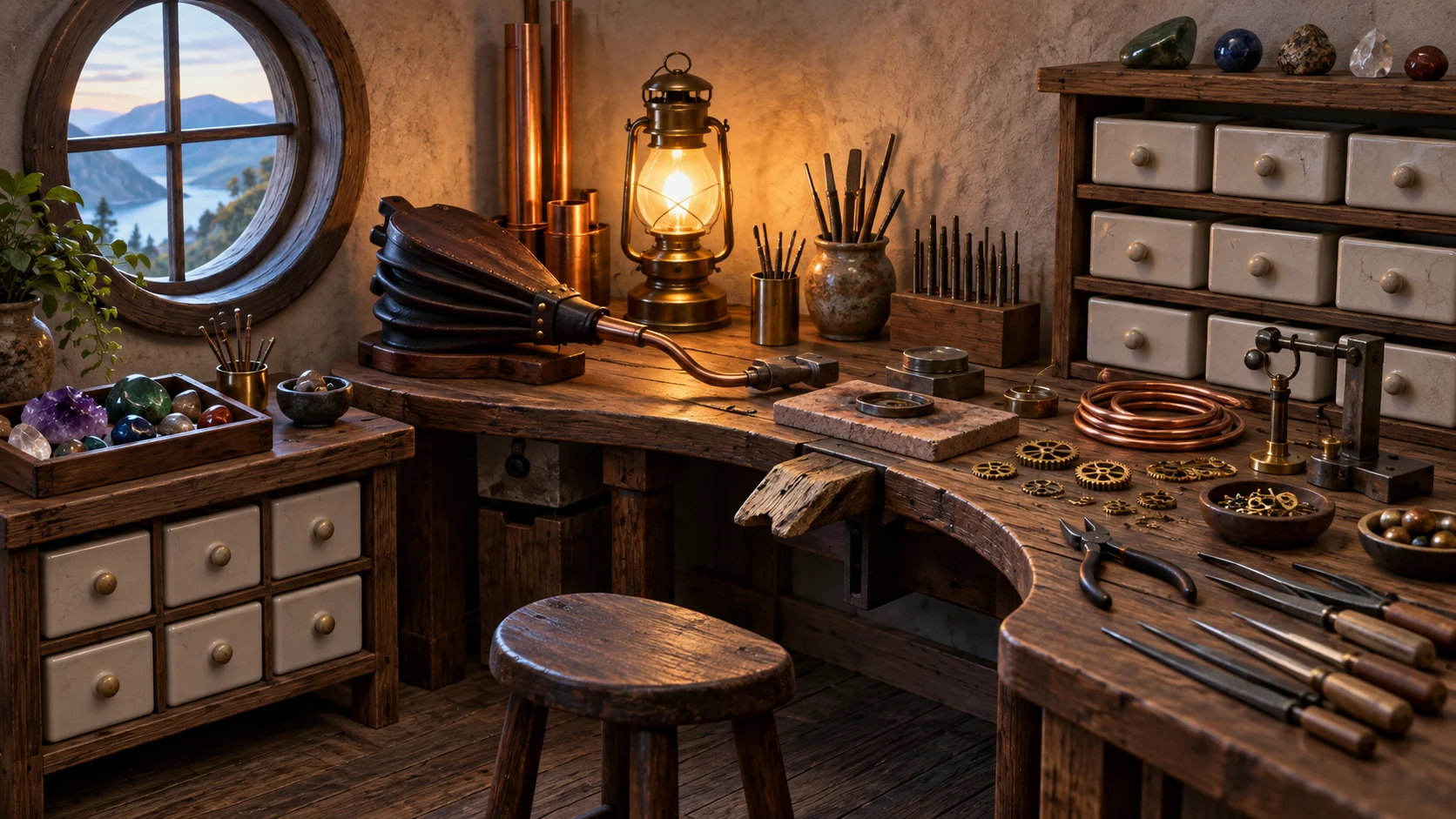 A compact artisan workshop with bellows, copper tubing, gears, and blank ceramic drawers.