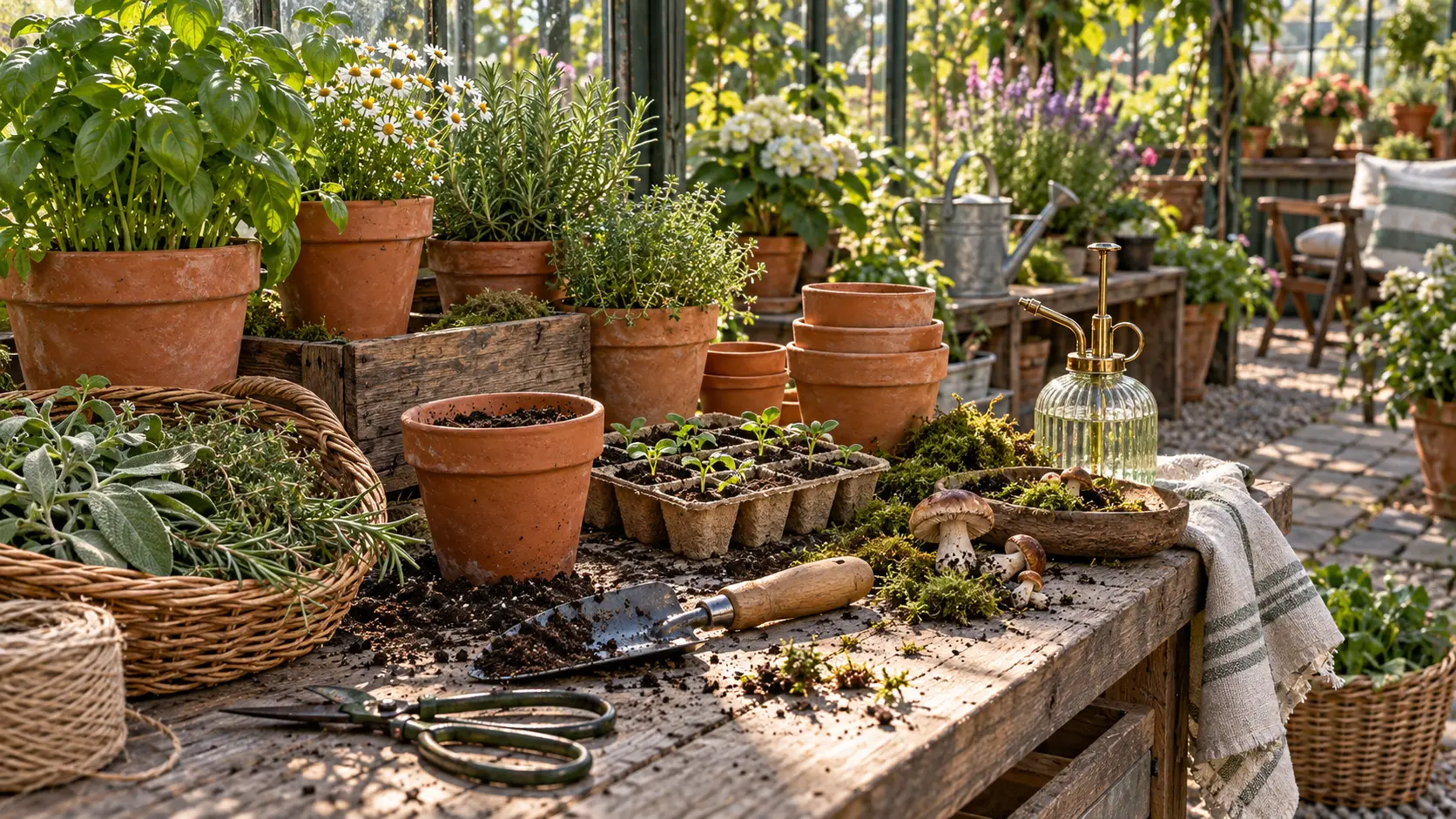 A sunny greenhouse potting bench with herbs, seedlings, moss, and gardening tools.