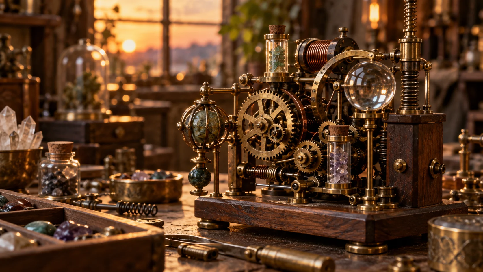 An intricate original brass mechanism with gears, coils, glass, and polished stones.