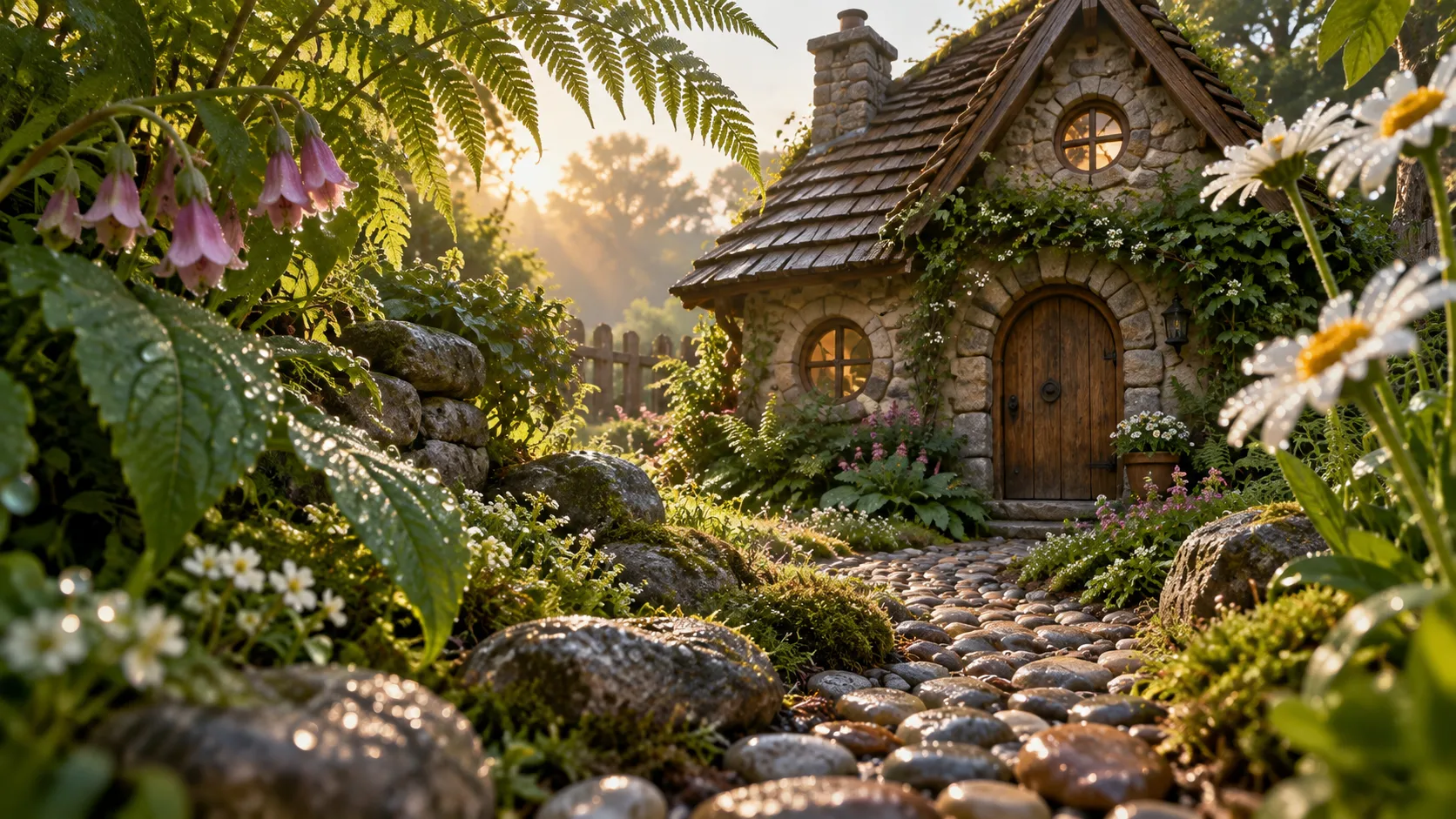 A tiny stone garden cottage tucked among dewy ferns and flowers at sunrise.