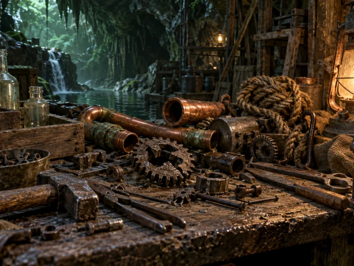 A damp cave workshop cluttered with copper pipes, gears, rope, bottles, and tools.