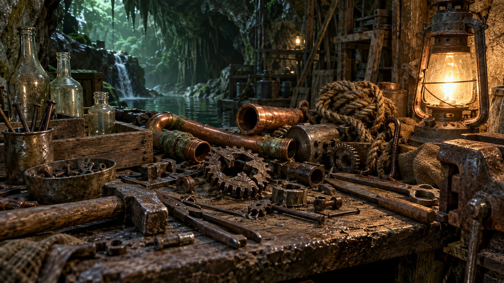 A damp cave workshop cluttered with copper pipes, gears, rope, bottles, and tools.
