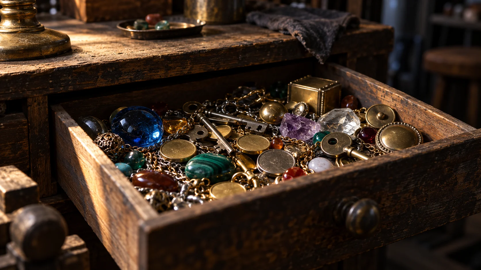 An open wooden drawer filled with blank coins, keys, chains, colorful stones, and glass.
