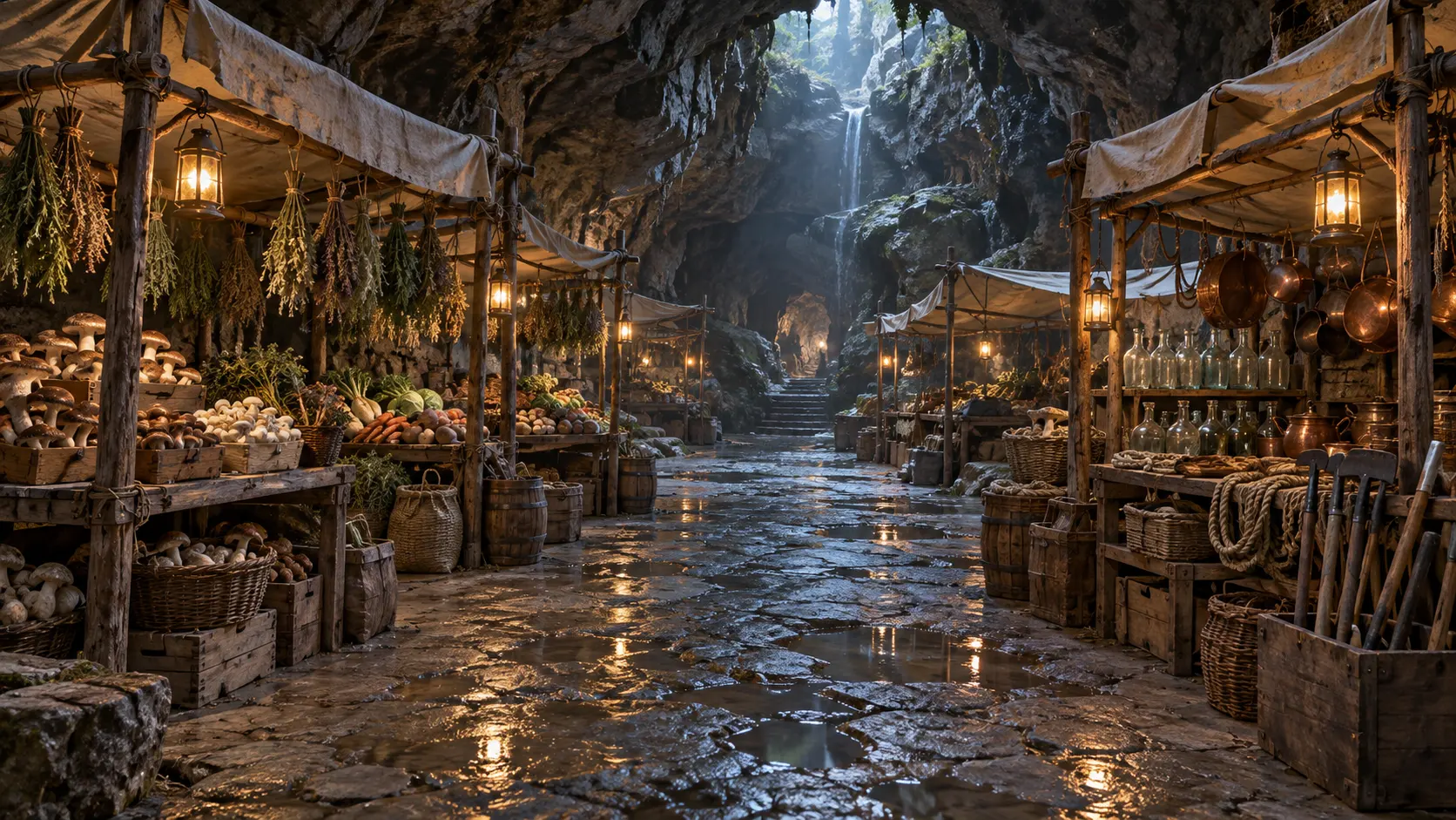 An empty lantern-lit cave market with mushrooms, vegetables, herbs, rope, and copper pots.
