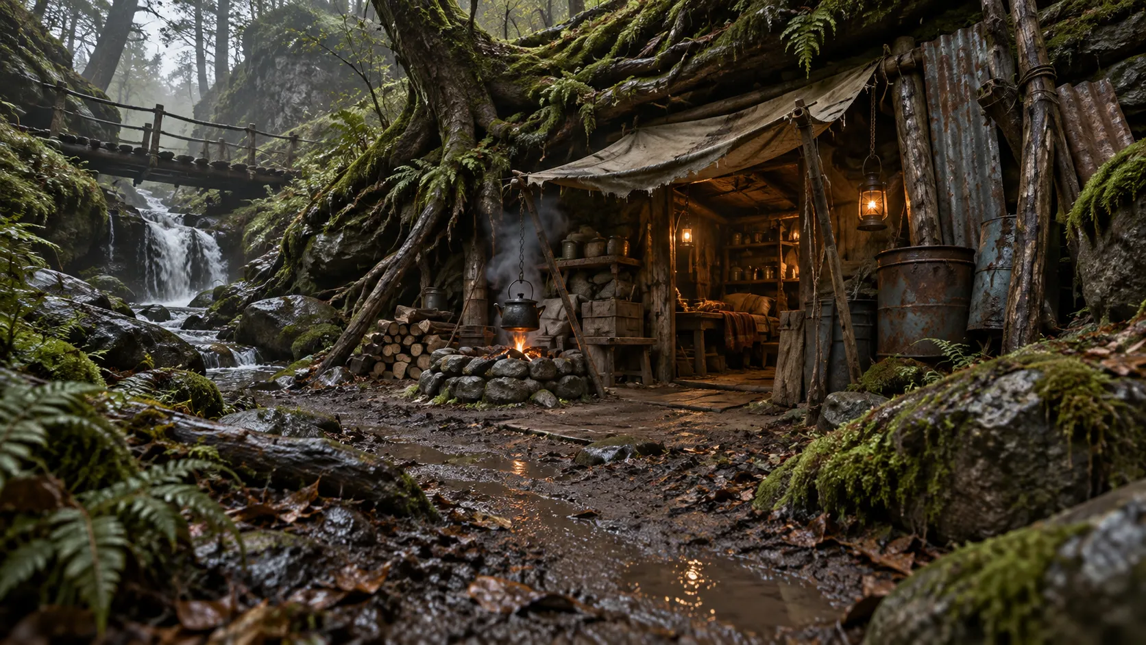 A hidden timber and canvas shelter beneath mossy roots beside a forest stream.