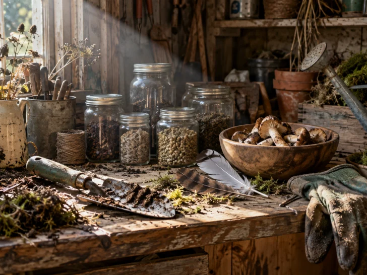 Cluttered potting bench for 315 Goblincore Usernames for Mossy, Mischievous Vibes trivia