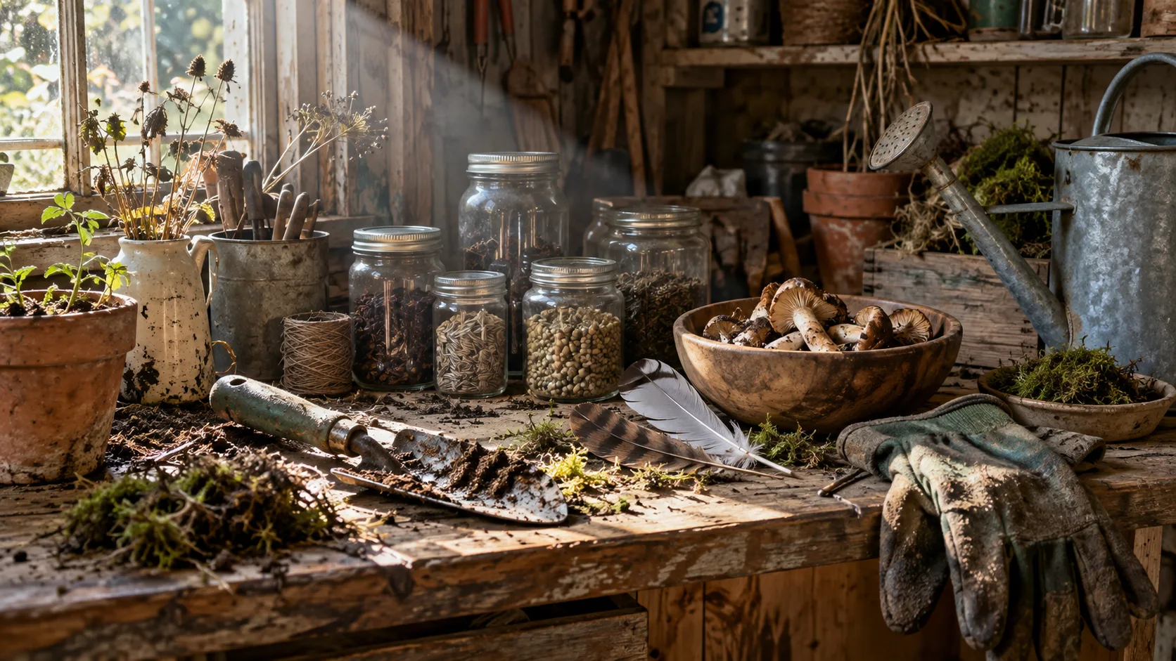 Cluttered potting bench for 315 Goblincore Usernames for Mossy, Mischievous Vibes trivia