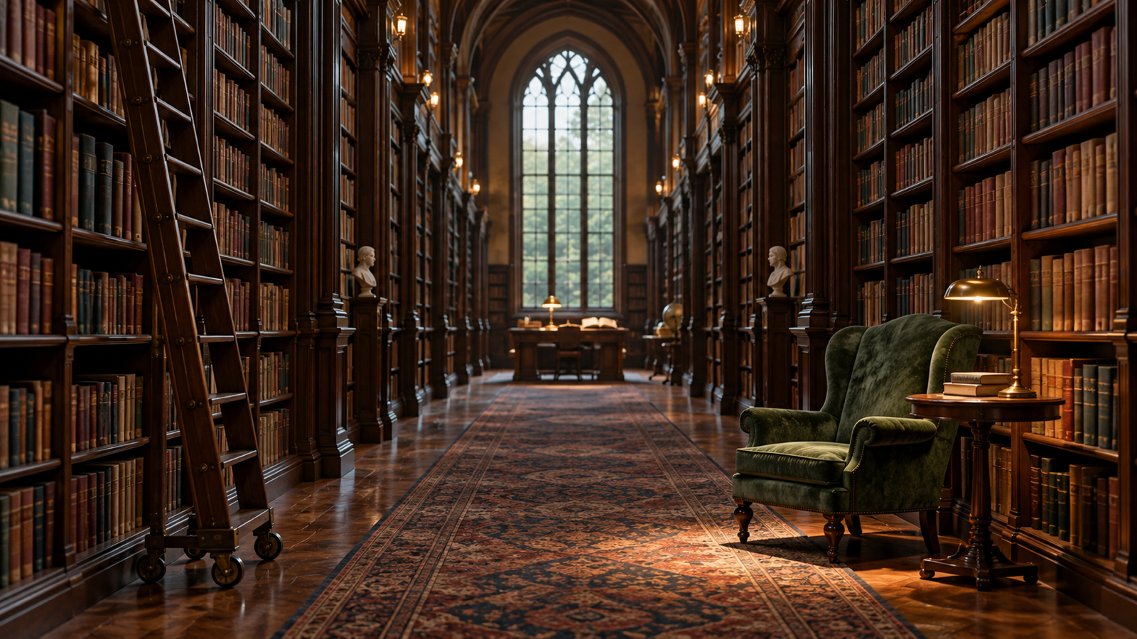 Grand library aisle with unlabeled books a rolling ladder and green reading chair