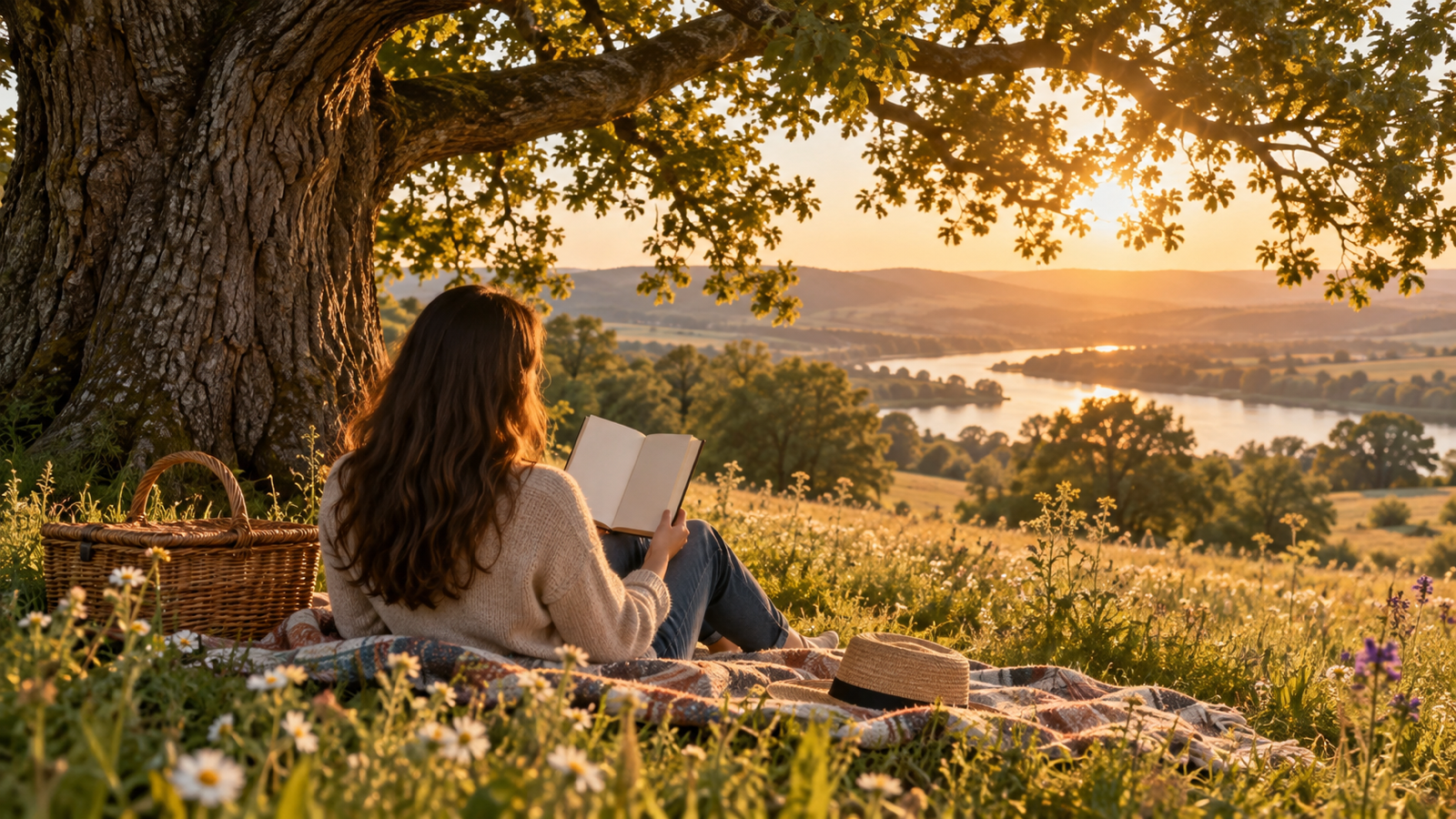 Anonymous reader with a blank book beneath a large oak at golden hour