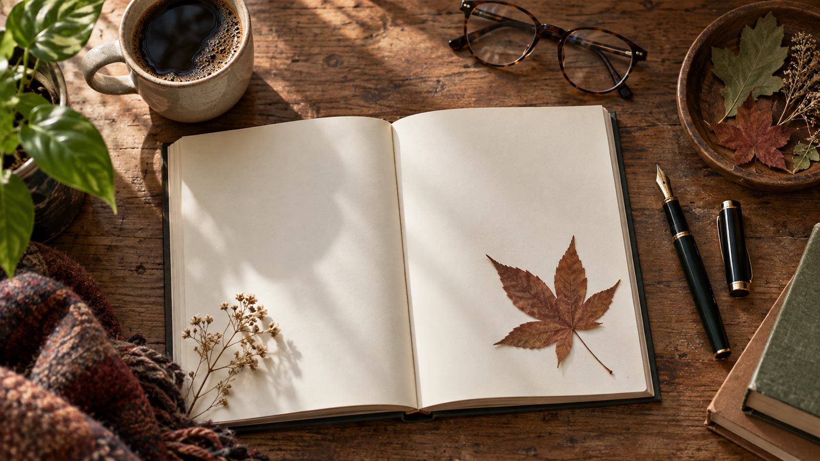 Open blank book with pressed leaves glasses coffee and fountain pen on a wooden desk