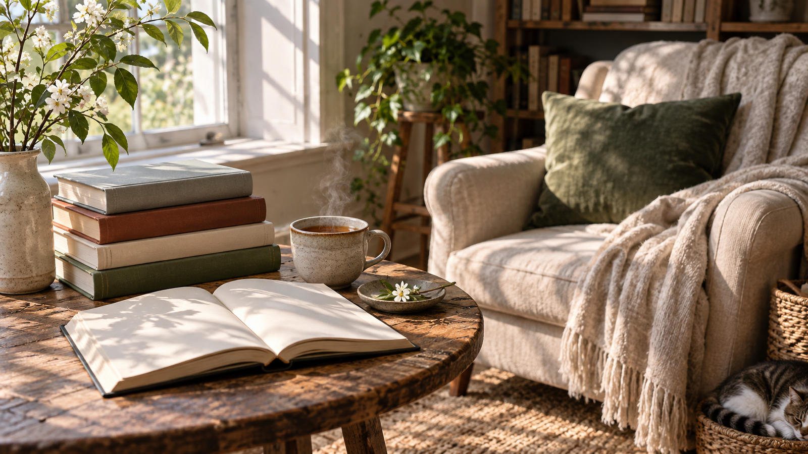 Blank clothbound books and an open blank book in a sunlit reading nook