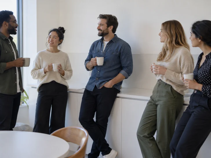 Five coworkers chat over plain mugs in a bright break room.